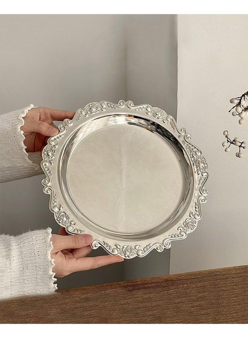 Round Decorative Tray 7.9in Metal Dessert Plates Vintage Coffee Table Tray for Snacks Fruit Silver - Image 5